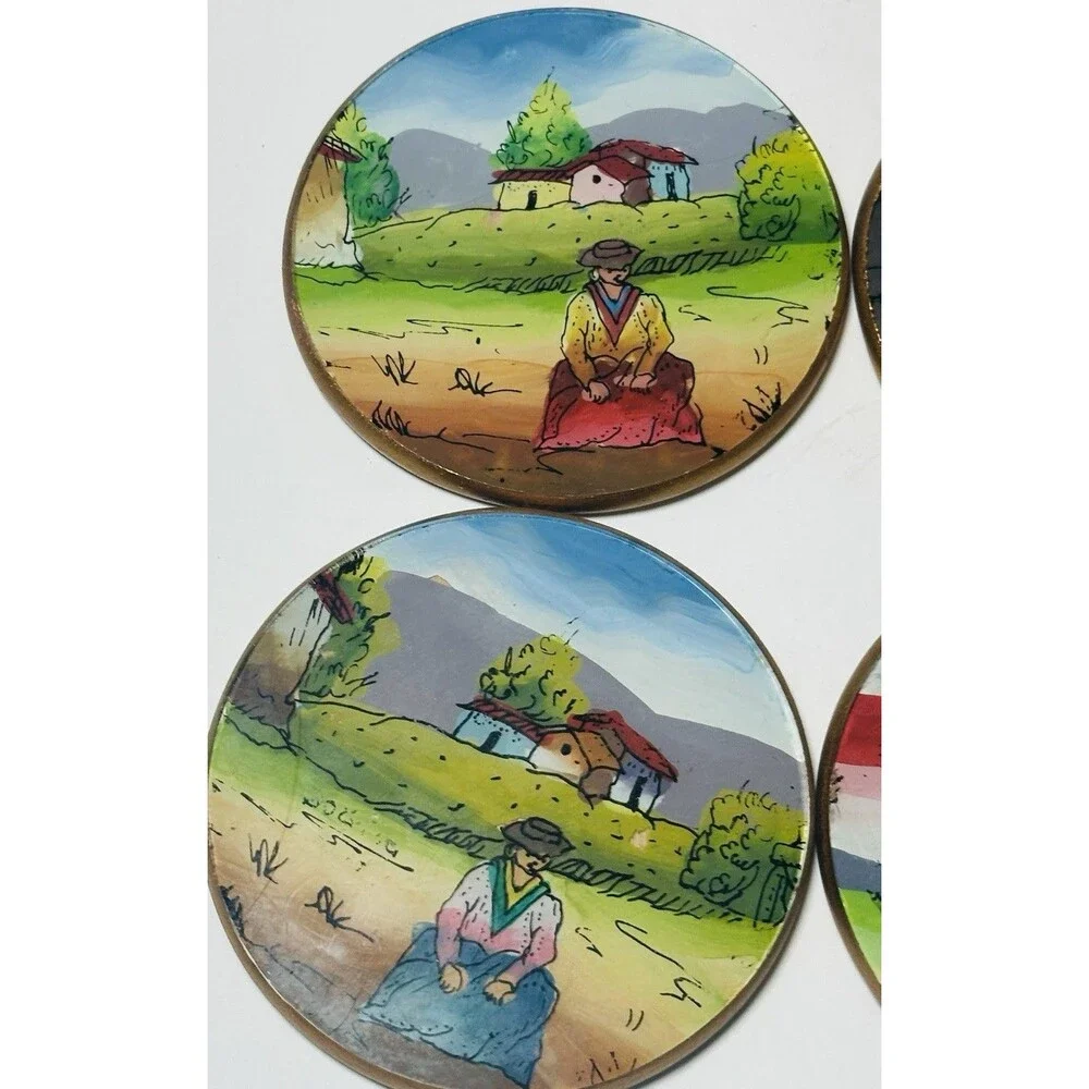 Peru Reverse Painted Glass & Wood Coasters Village Folk Art  Set of 6 w/ Holder